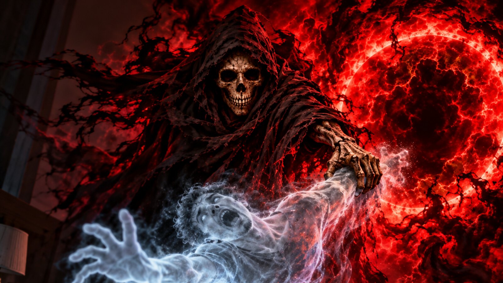 A hooded reaper drawing a glowing soul from a sleeping figure