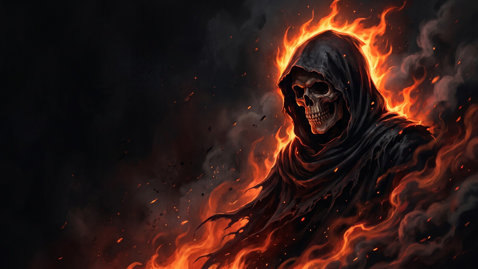A hooded reaper wreathed in fire and smoke